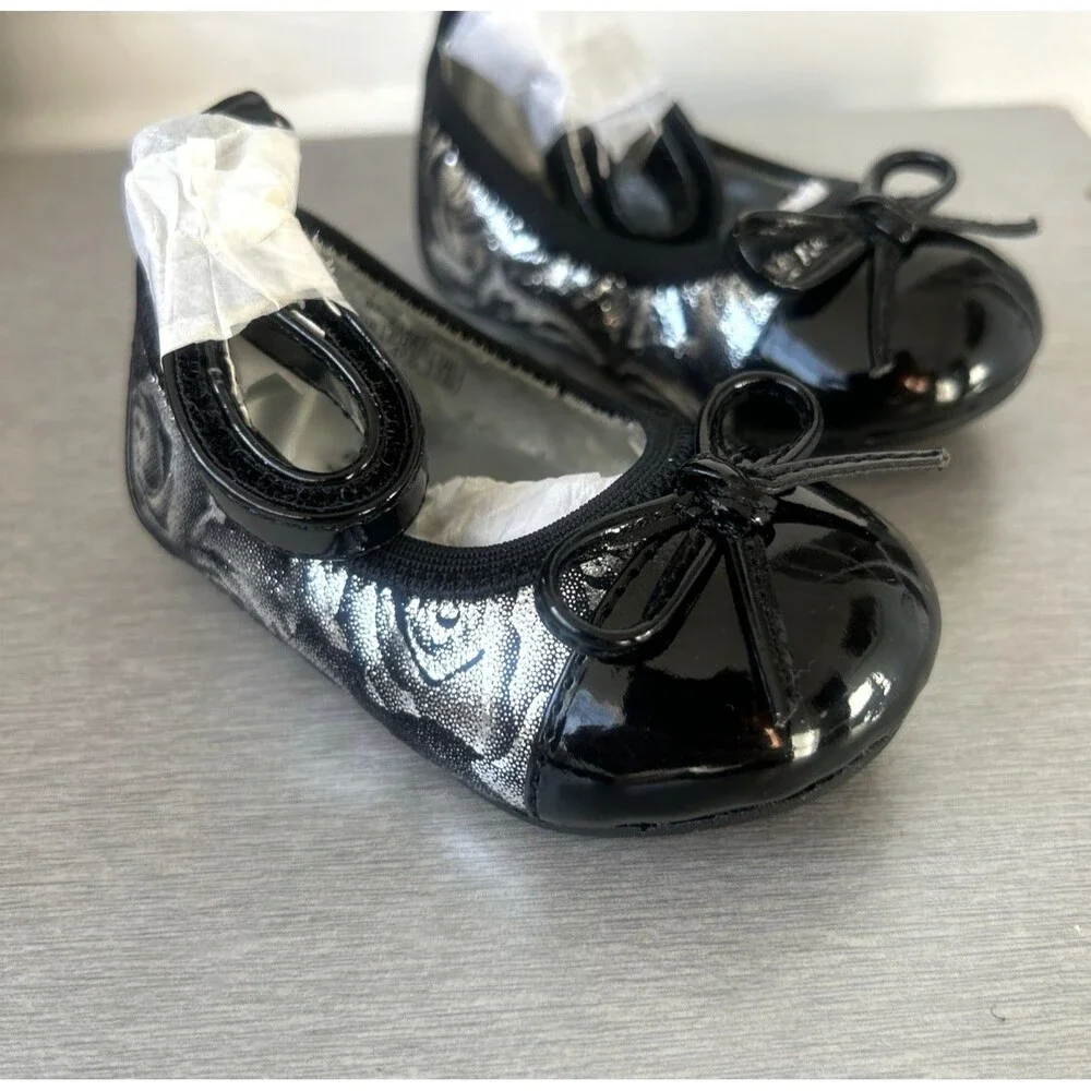Stuart Weitzman Baby Paliava Silver Black Baby Ballet Shoes w/Bow Sz 2 3-6M NEW